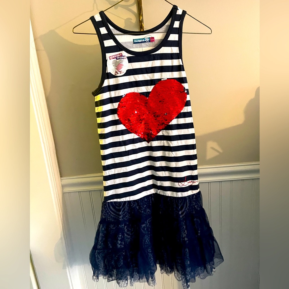 Desigual Reversible Red Sequin Heart Blue and White Striped Dress, 13/14, NWT